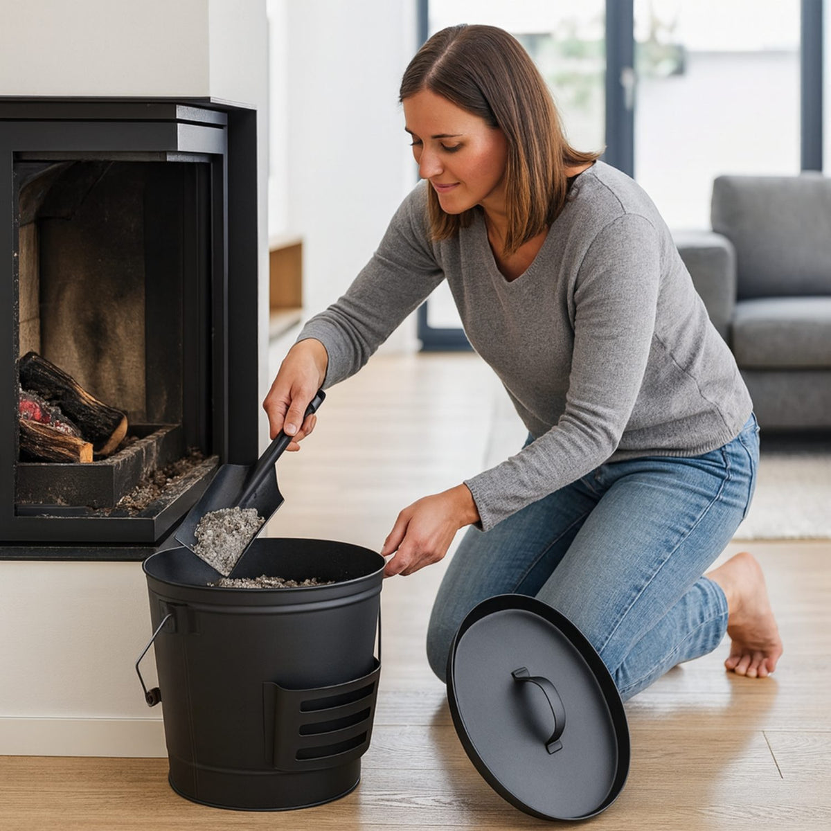 Asemmer 25 L met deksel, schep en veger – Zwart – afbeelding 3